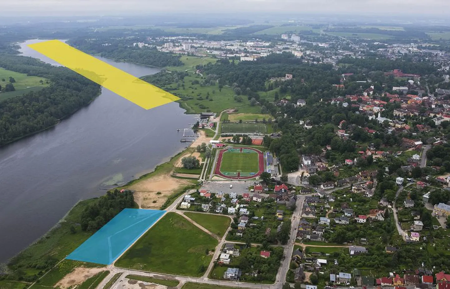 Linnavolikogu andis neljapäeval rohelise tule, et ametnikud saaksid hakata koostama dokumente randa spaahotelli (sinine ala) ja Kitsaskaela sõudestaadioni (kollane ala) rajamiseks.