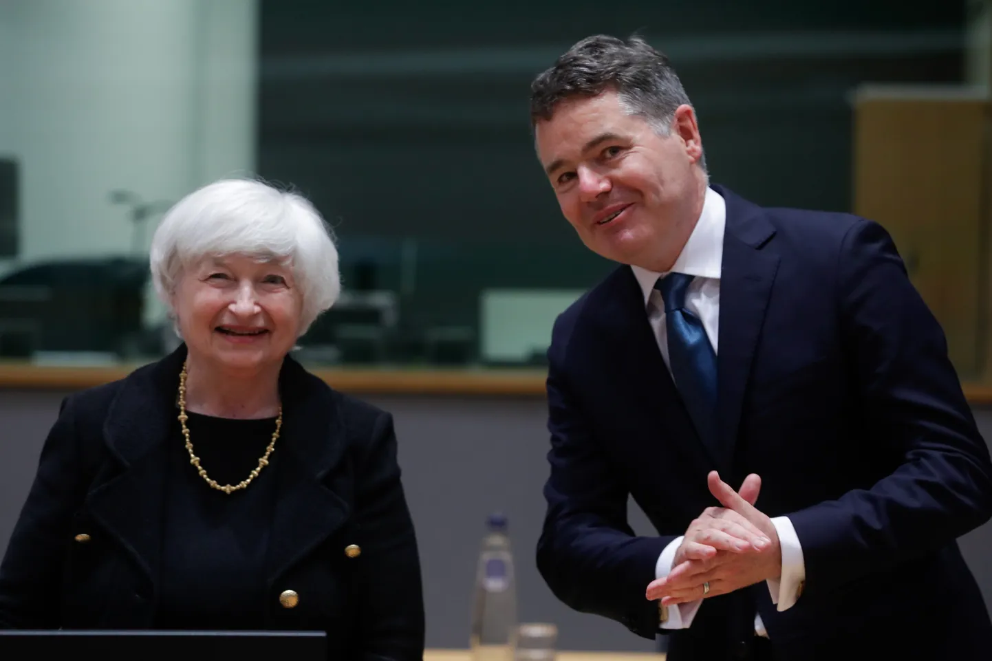 USA rahandusminister Janet Yellen ja Iiri rahandusminister Paschal Donohoe Eurogrupi rahandusministrite kogunemisel.