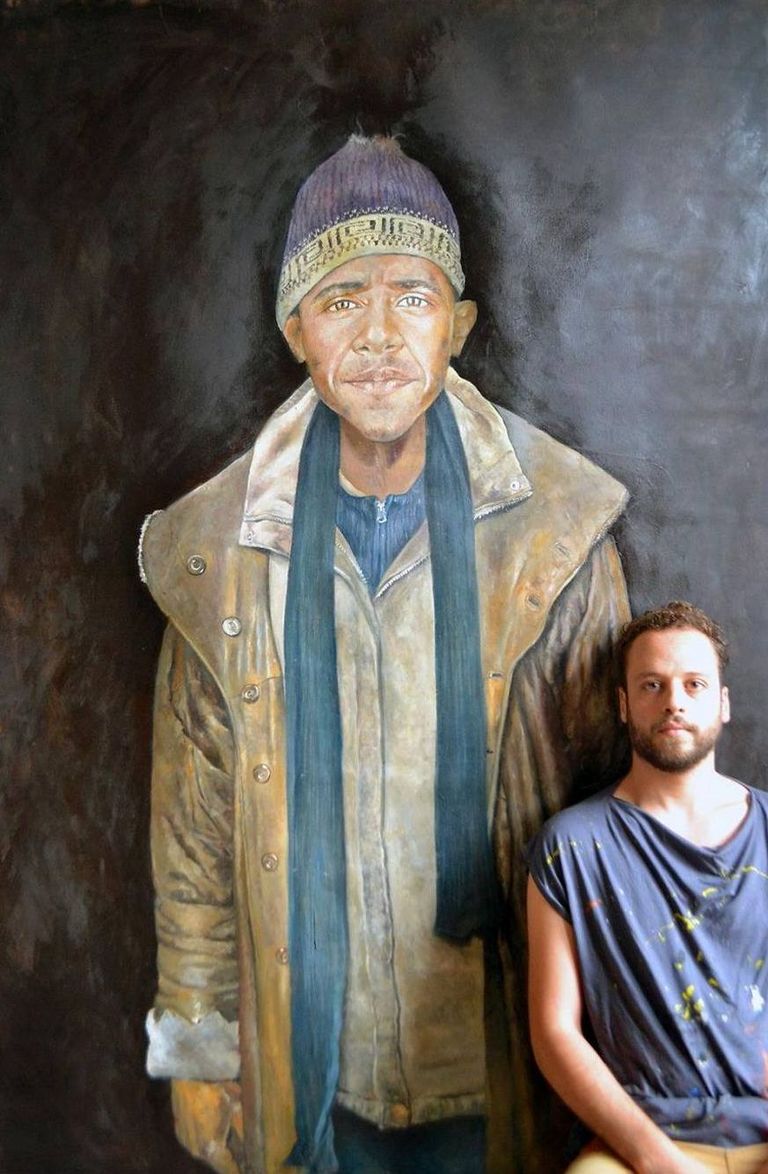 Süüria kunstnik Abdalla Al Omari ja tema portree Barack Obamast põgenikuna