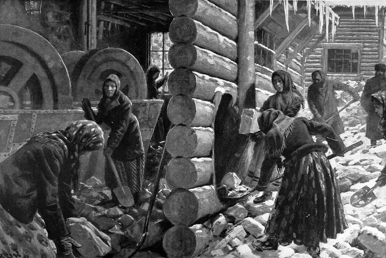 Julius Price'i illustratsioon Siberi kullakaevanduses töötavatest naistest. 1906.