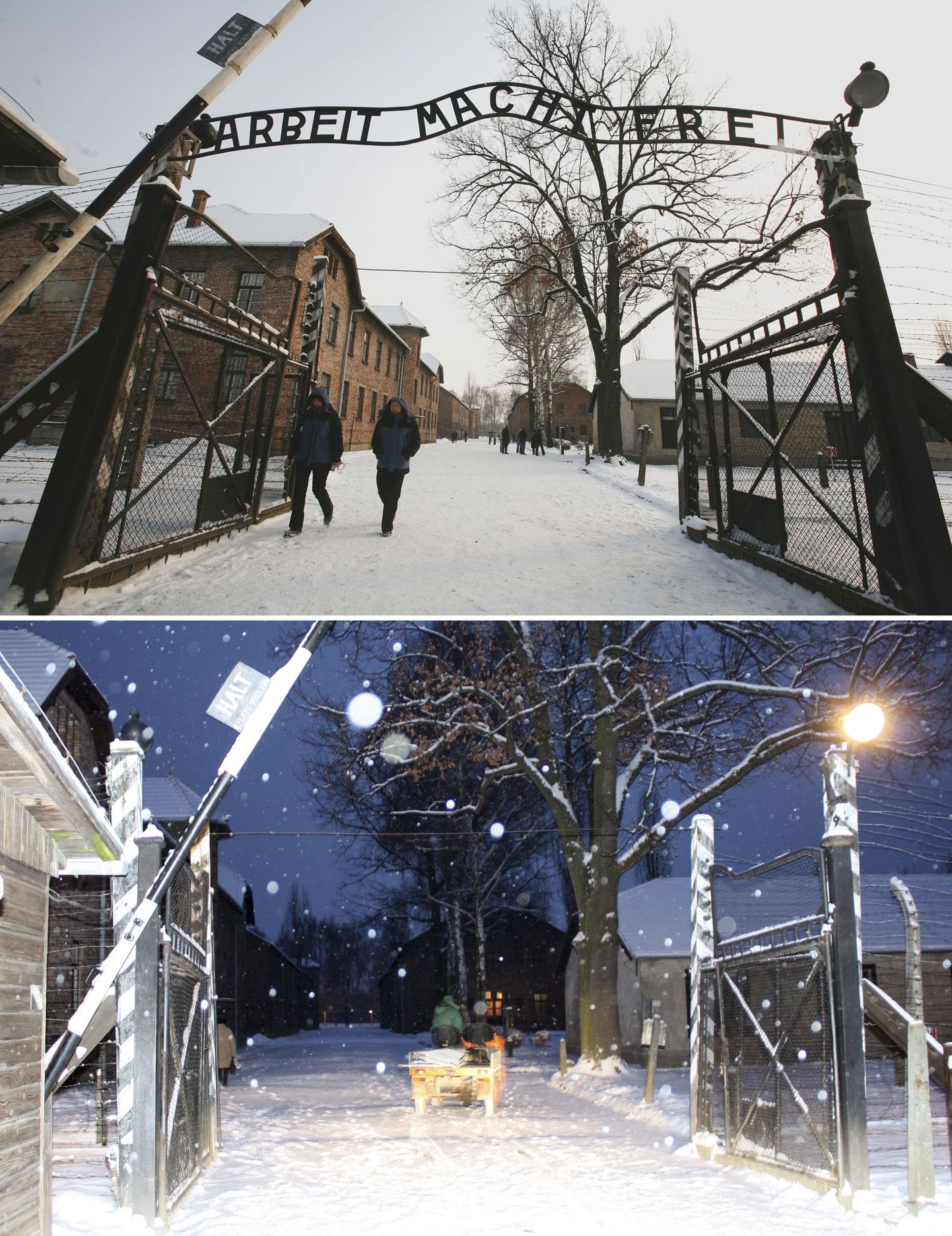 Auschwitzi koonduslaagri värav koos kurikuulsa sildiga «Arbeit macht frei» ja ilma sildita.