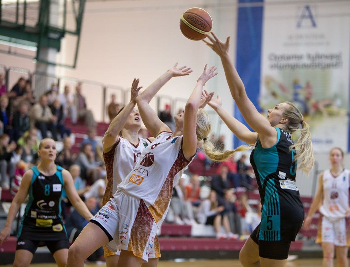 Eesti naiste korvpalli meistriliigas peeti eile finaalseeria neljas kohtumine, milles Eclex/1182 (valges) alistas esimest korda Tallinna Ülikooli naiskonna.