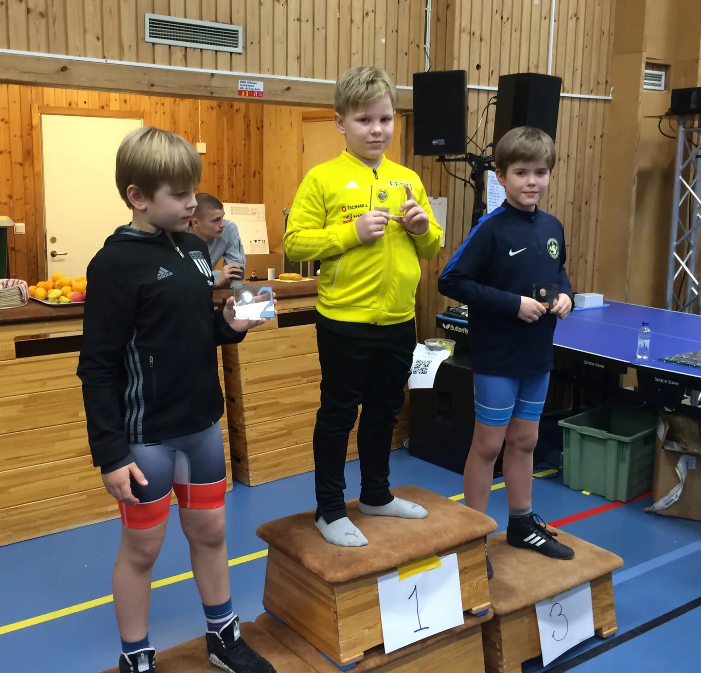 Aron Lavrits (keskel) oli üks võidukatest Caaro maadluspoistest Rootsis toimunud turniiril.