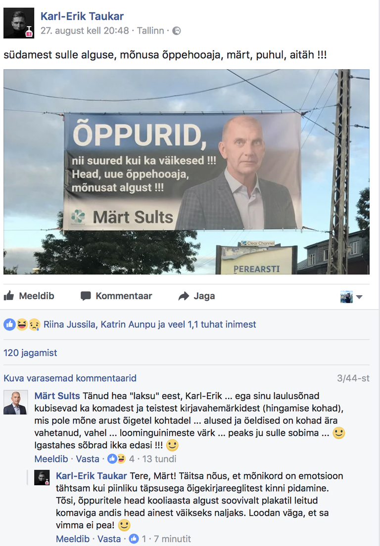 Sultsi ja Taukari vaheline vestlus sotsiaalmeedias / facebook