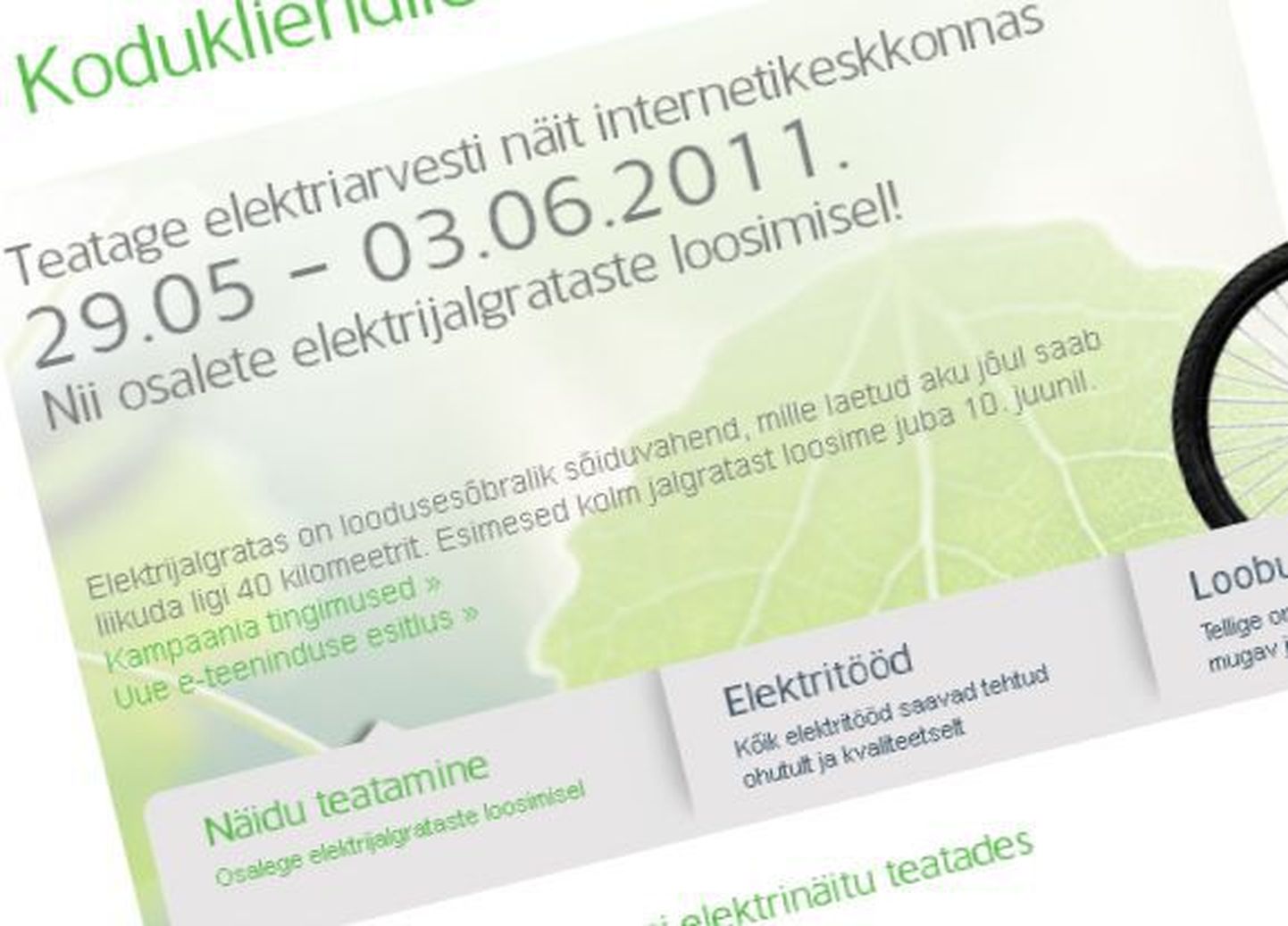 Fragment Eesti Energia veebikeskkonnast, mis kutsub elektrinäitu teatama.
