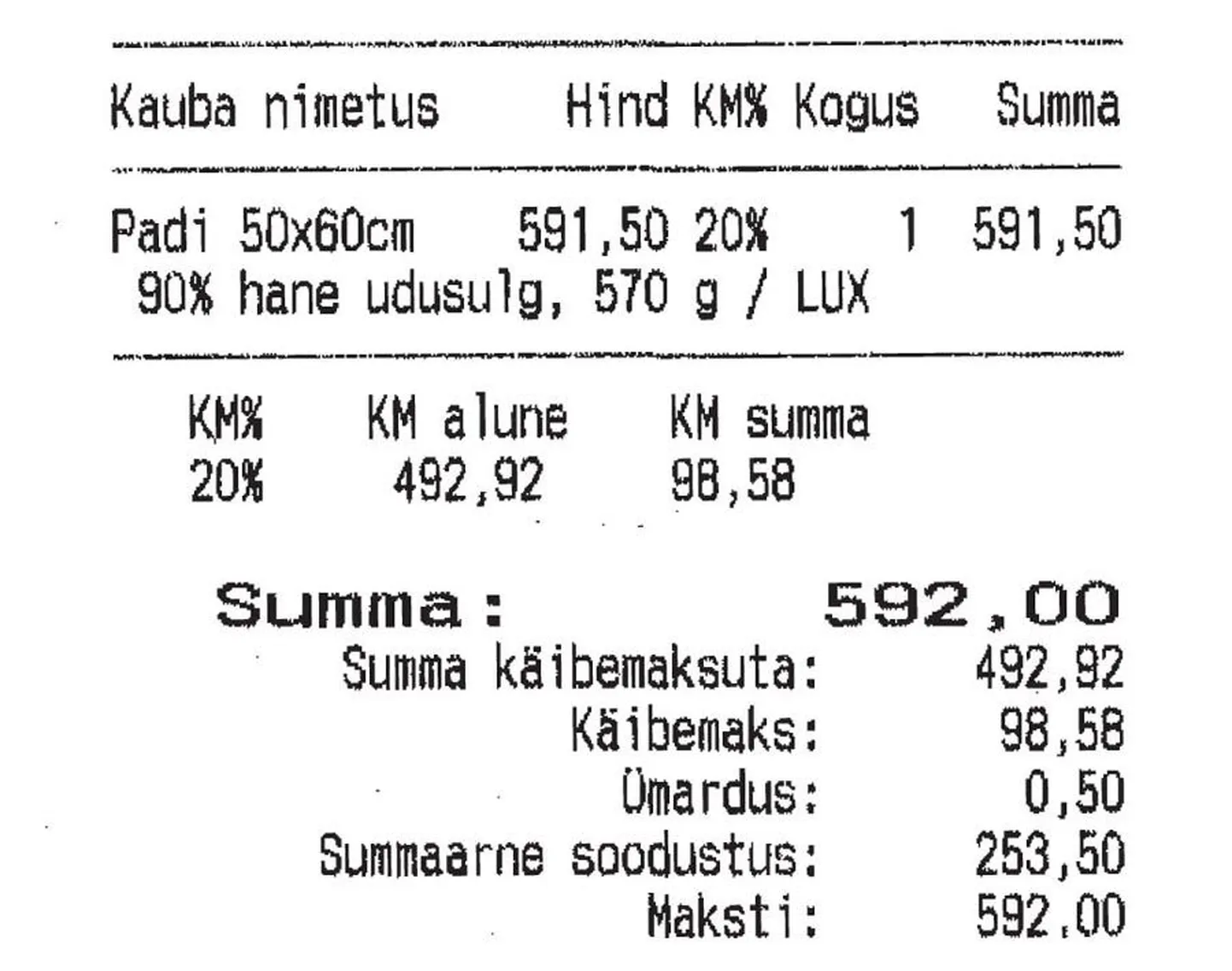Fragment kliendile peamurdmist pakkunud ostutšekist.