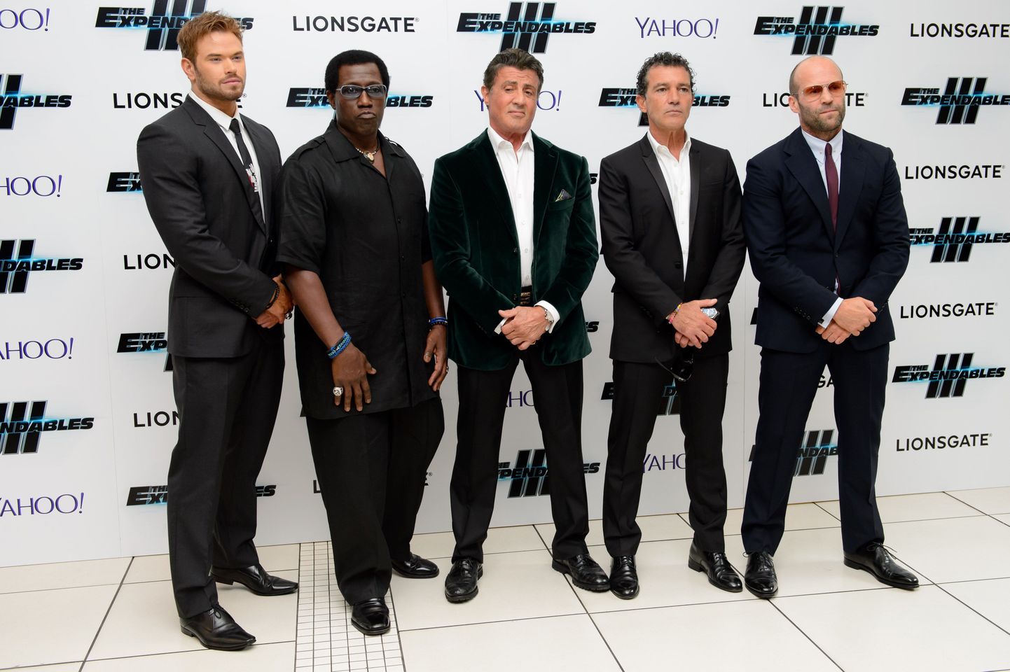 «The Expendables 3» osatäitjad Kellan Lutz, Wesley Snipes, Sylvester Stallone, Antonio Banderas ja Jason Statham Londonis