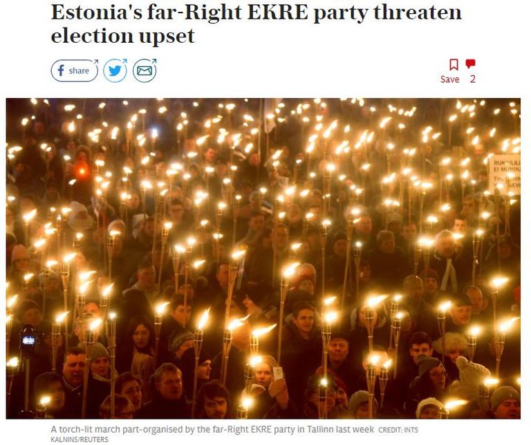 Briti väljaanne The Telegraph valis Eestis täna toimuvaid valimisi kajastava uudise illustreerimimiseks pildi möödunud nädalal toimunud tõrvikurongkäigust.
