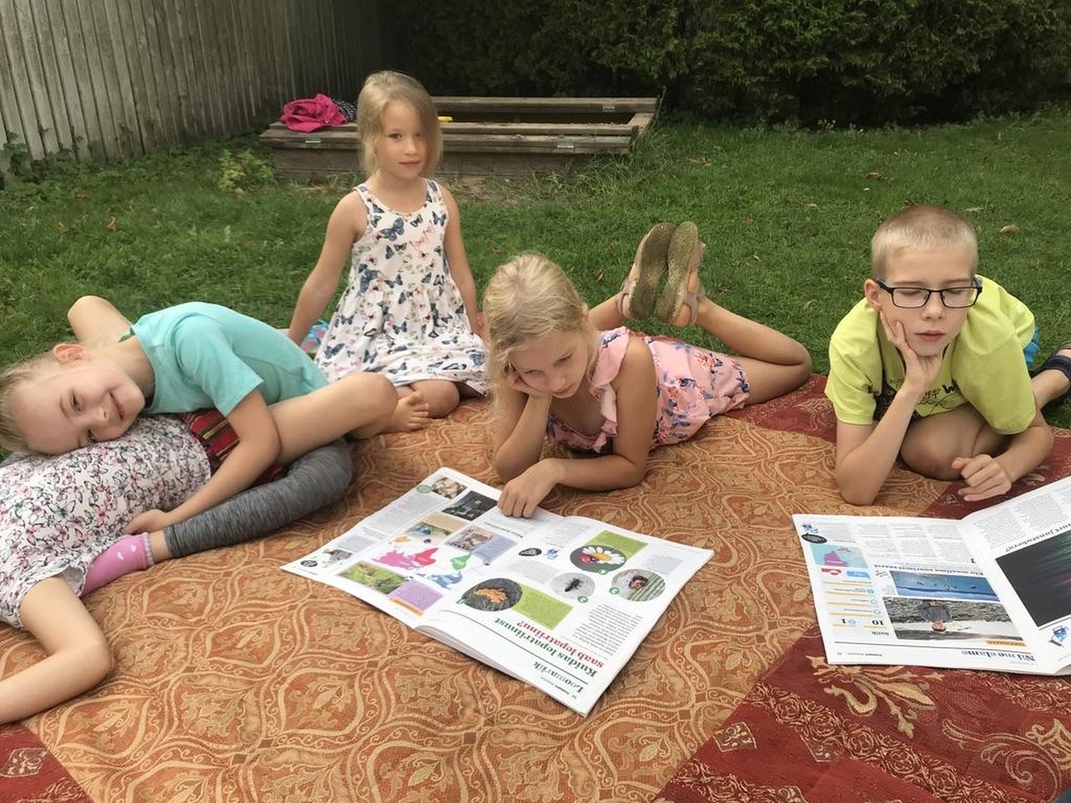 Tillukesed meediakriitiud lastele loodud Postimehe kallal. Vasakul on pildist äsja välja hüpanud Keira, Õnne, Liina Maria, Kirile ja Karel.
