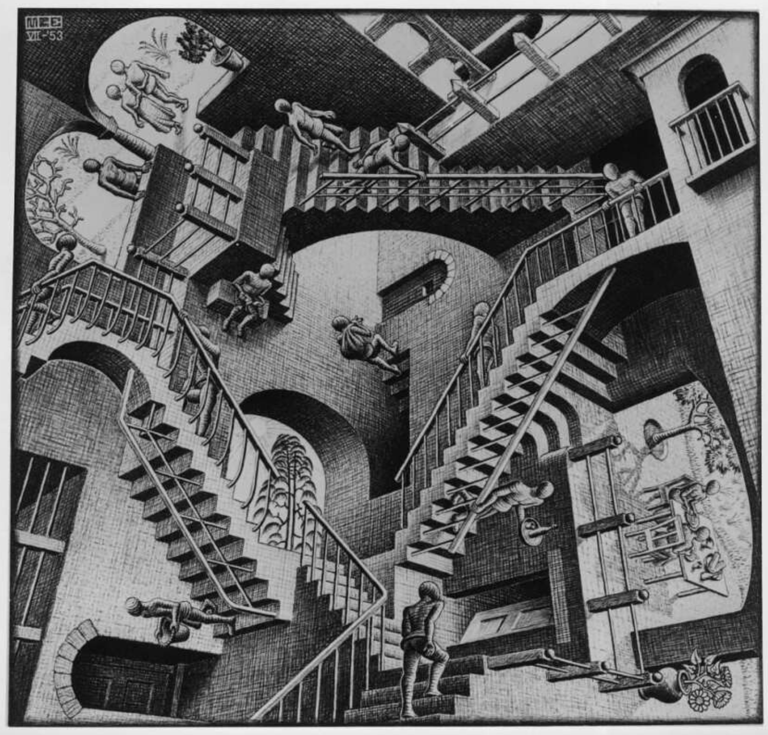 M. C. Escher (1898–1972) «Relatiivsus». Litograafia 1953.