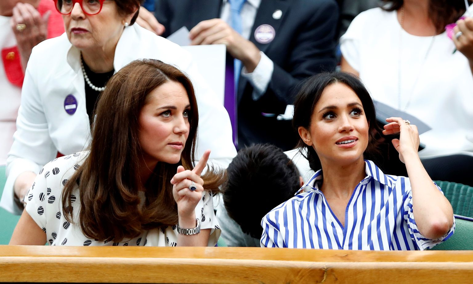 Walesi printsess Catherine ja Duchessi hertsoginna Meghan 2018. aastal Wimbledoni tenniseturniiril kuninglikus loožis.