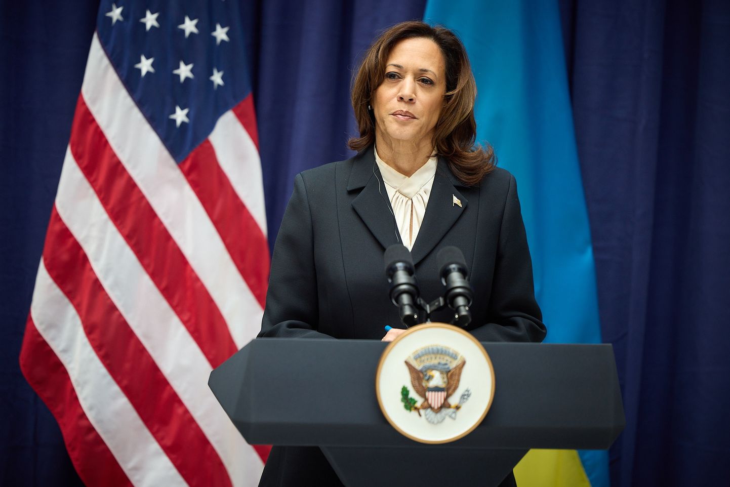 USA asepresident Kamala Harris esinemas ajakirjanikele Müncheni julgeolekukonverentsil 17. veebruaril 2024.