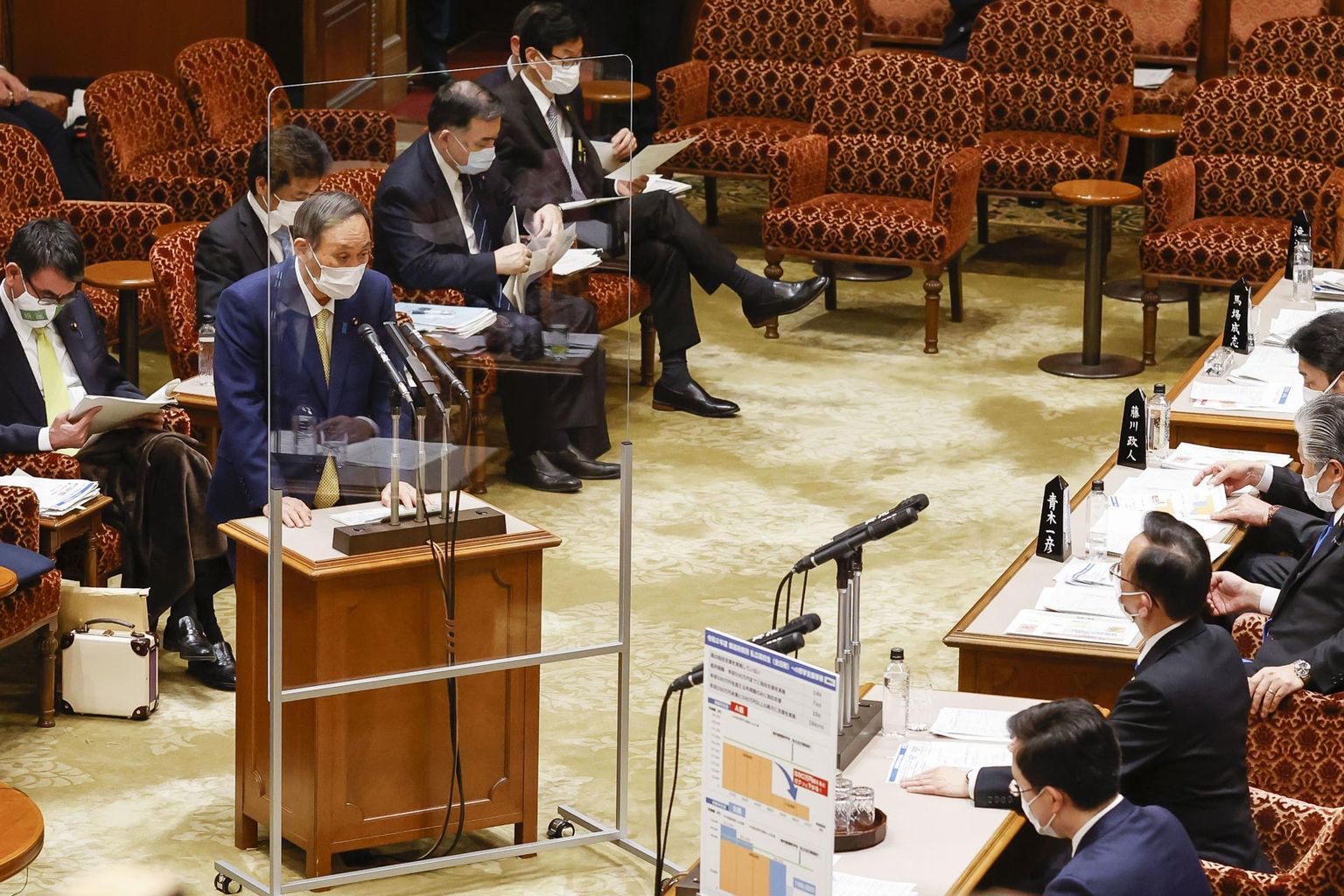 Jaapani peaminister Yoshihide Suga, kes pildil esineb parlamendi ülemkoja eelarvekomisjonis, on lubanud riigis viia läbi jõulise digipöörde.