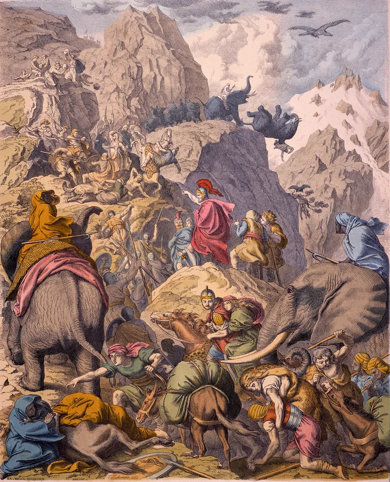 19. sajandi Saksa kunstniku Heinrich Leutemanni joonistuis, mis kujutab Kartaago väejuhti Hannibali koos oma armee ja elevantidega ületamas Teise Puunia sõja ajal Alpe.