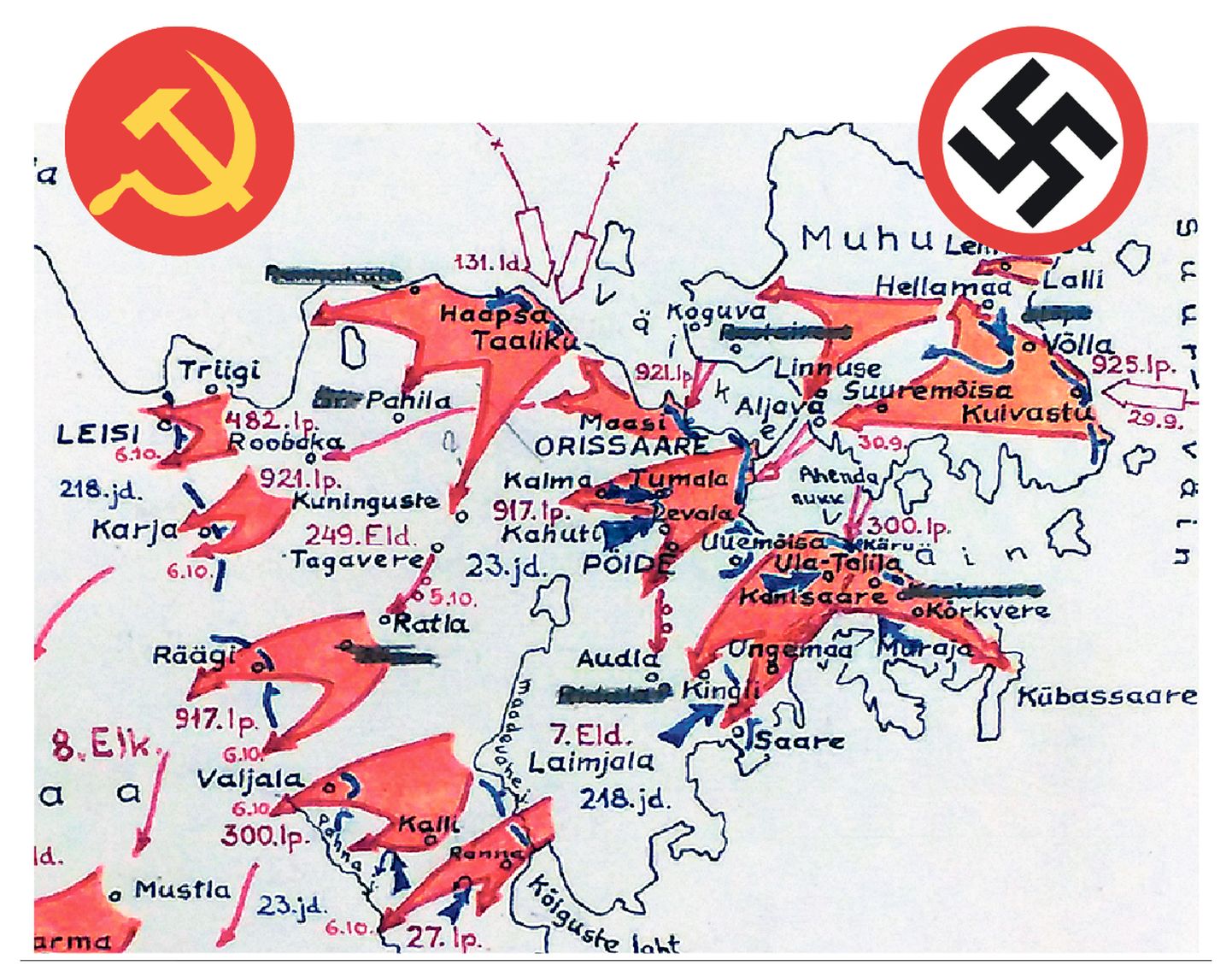 LAHINGUD SAAREMAA PÄRAST: Ilmar Pauli koostatud skeem, kus peal punaste vägede liikumised dessandil ja järgnevates lahingutes maismaal.