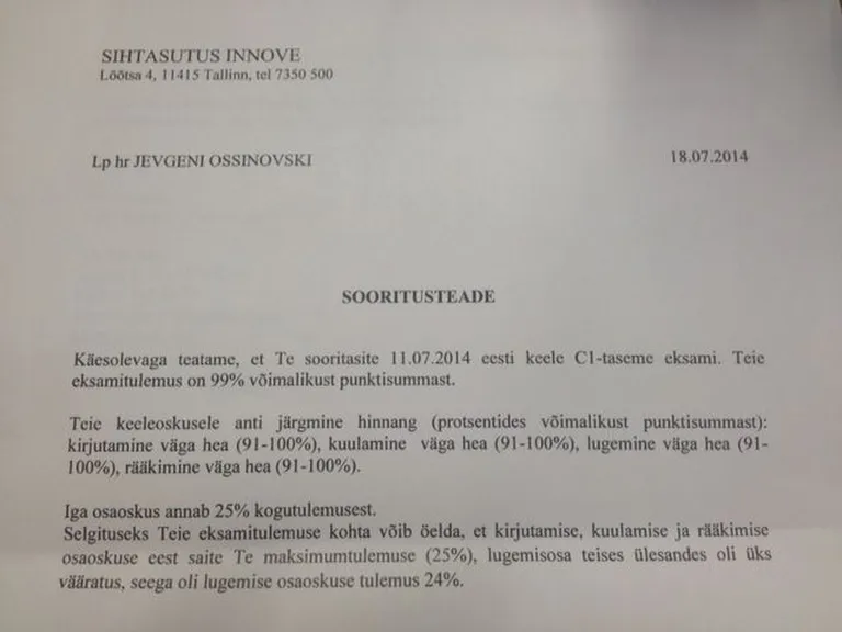 Jevgeni Ossinovski eesti keele eksami C1 taseme tulemused