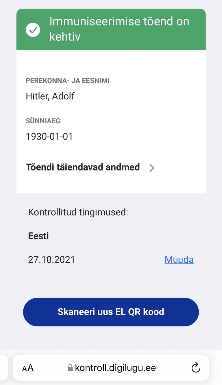 Sotsiaalmeedias leviva kaadri järgi pääseb QR-lugejast läbi ka sellise võltstõendiga.