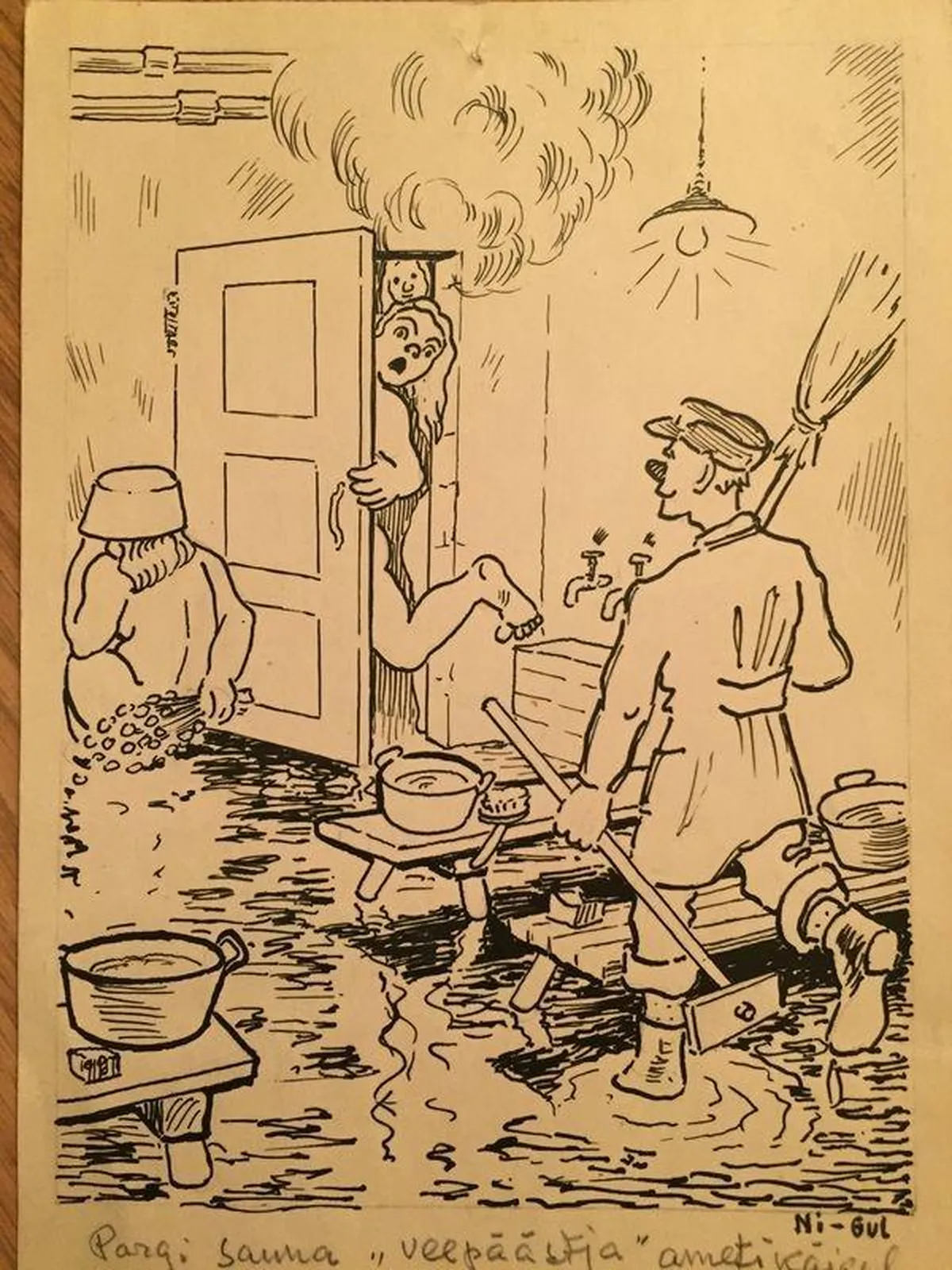 Pallaslase Nigul Espe karikatuur Pargi saunast 1948. või 1949. aastast.