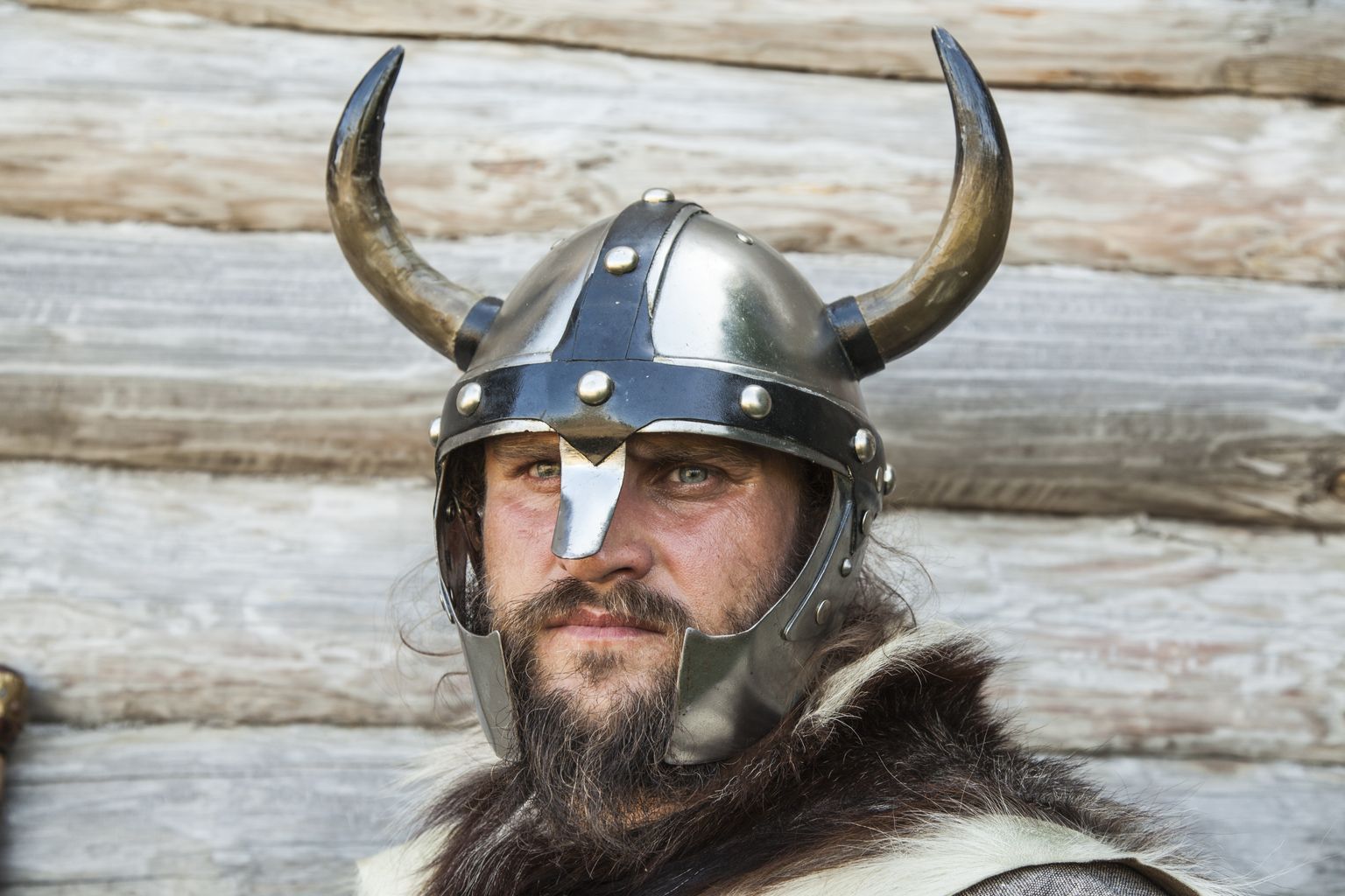 Viikingit kujutav mees, kes kannab sarvedega kaitsekiivrit