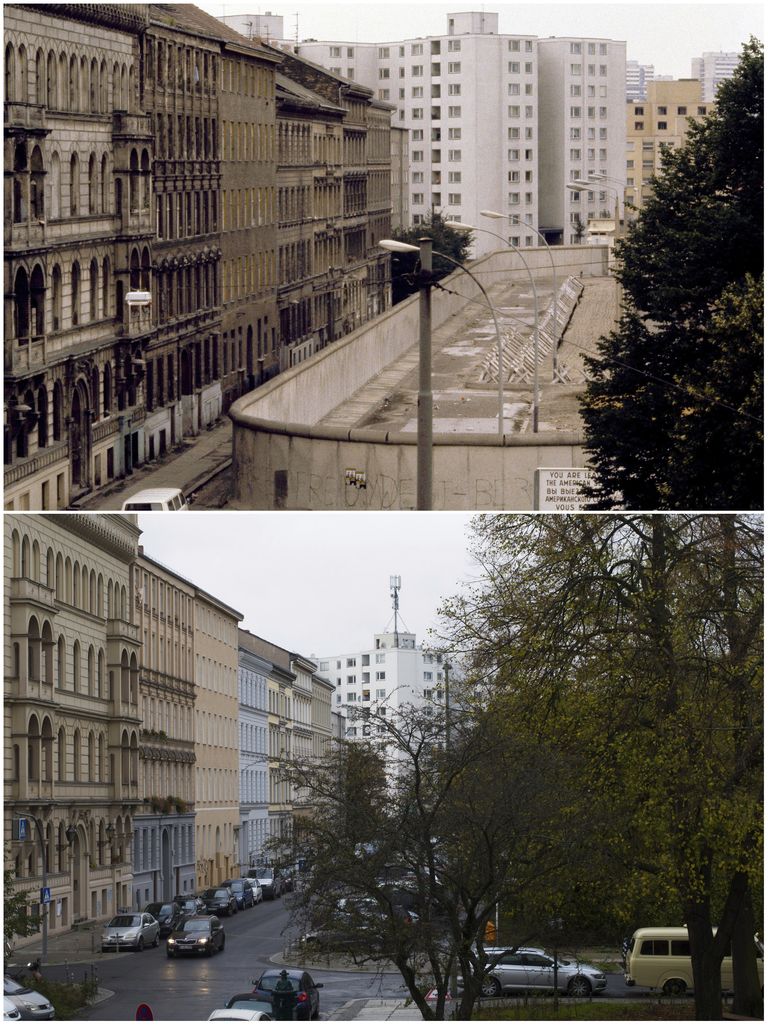 Augšējā attēlā: Berlīnes mūra posms Berlīnes rajonā Kreicbergā 1981.gada jūlijā. Apakšējā attēlā: šī vieta 2019.gada 5.novembrī.