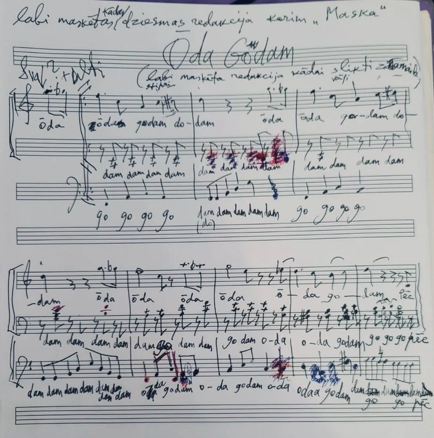 Jura Kulakova veiktais nošu pieraksts skaņdarbam "Ōda godam".