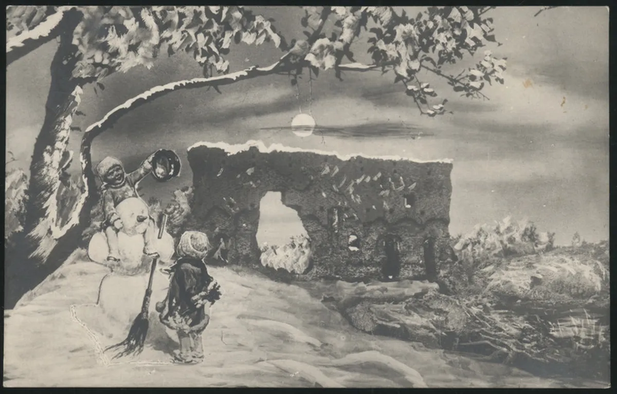 Jõulukaart. Viljandi, lapsed, jõulumemm, Kaevumägi, umbes 1922. Kas poleks tore seda vana tava hoida, et endalegi õnne ligi meelitada?