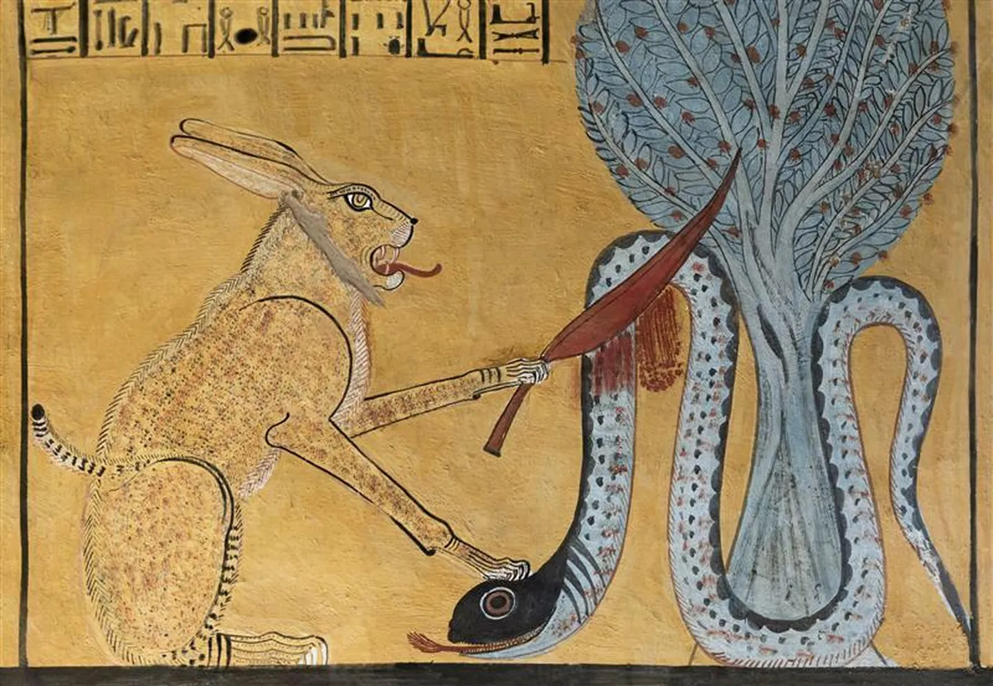Egiptuse jumal Ra suure kassi kujul võitleb deemon-mao Apophisega. Teeba, Inher-kha haua seinamaal, Ramses IV aeg (u 1164–1157 eKr).