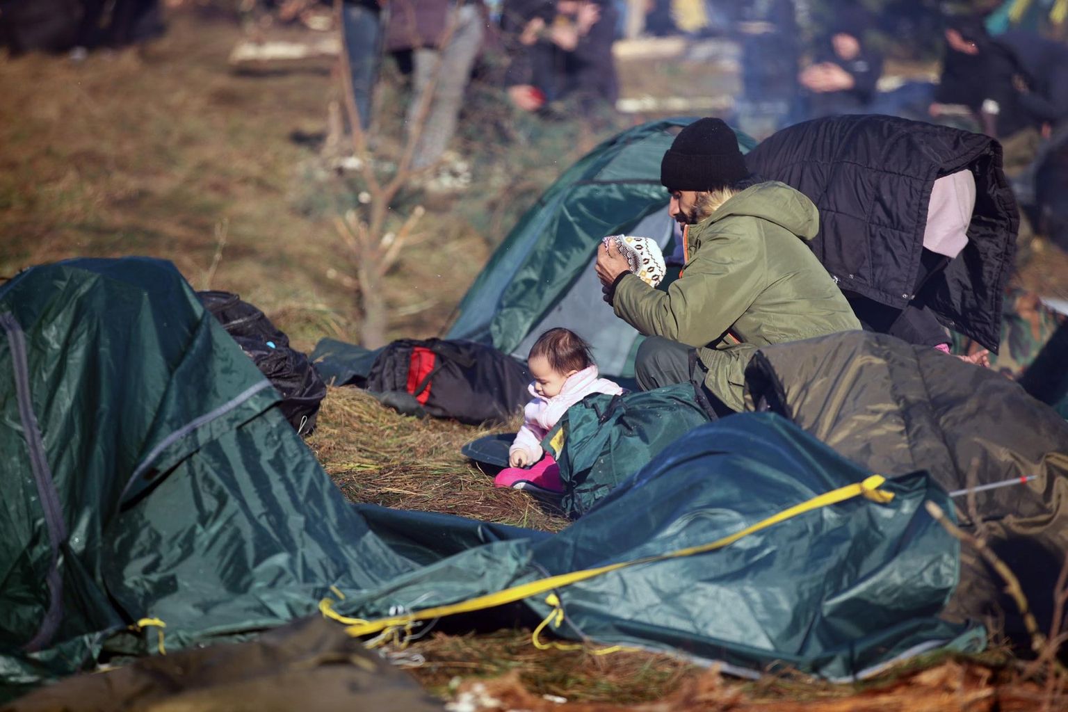 Lapsega migrant eile Poola piiri ääres Grodna rajoonis. Valgevene võimude väitel on sinna kogunenud üle 2000 inimese. 