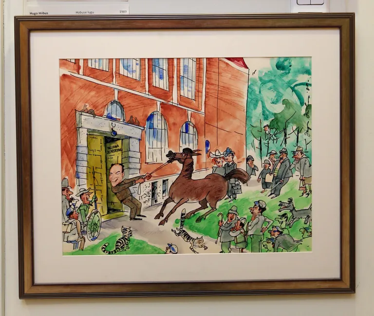 Hugo Hiibuse karikatuur «Hobuse lugu» (1989, akvarell paberil, 40 x 50,5 cm).