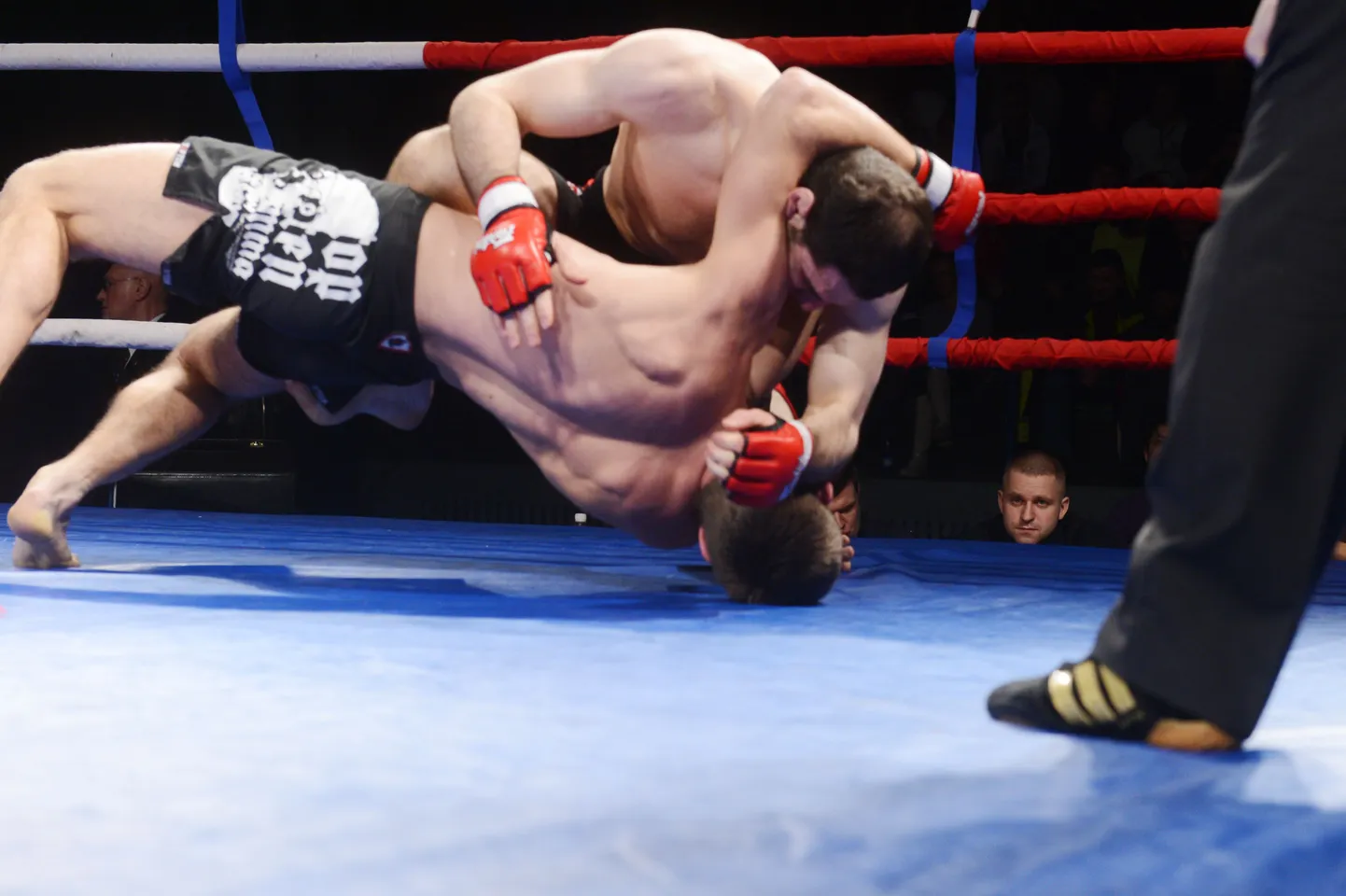 Baltfight Pro Kalevi spordihallis. Vastamisi MMA reeglite järgi Aleksandr Fjodorov ja Soomet esindav tšetšeen Musa Amagov (puna-mustade pükstega).