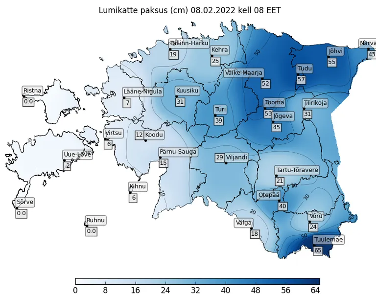 Eesti lumekaart teisipäeva, 8. veebruari hommikul.