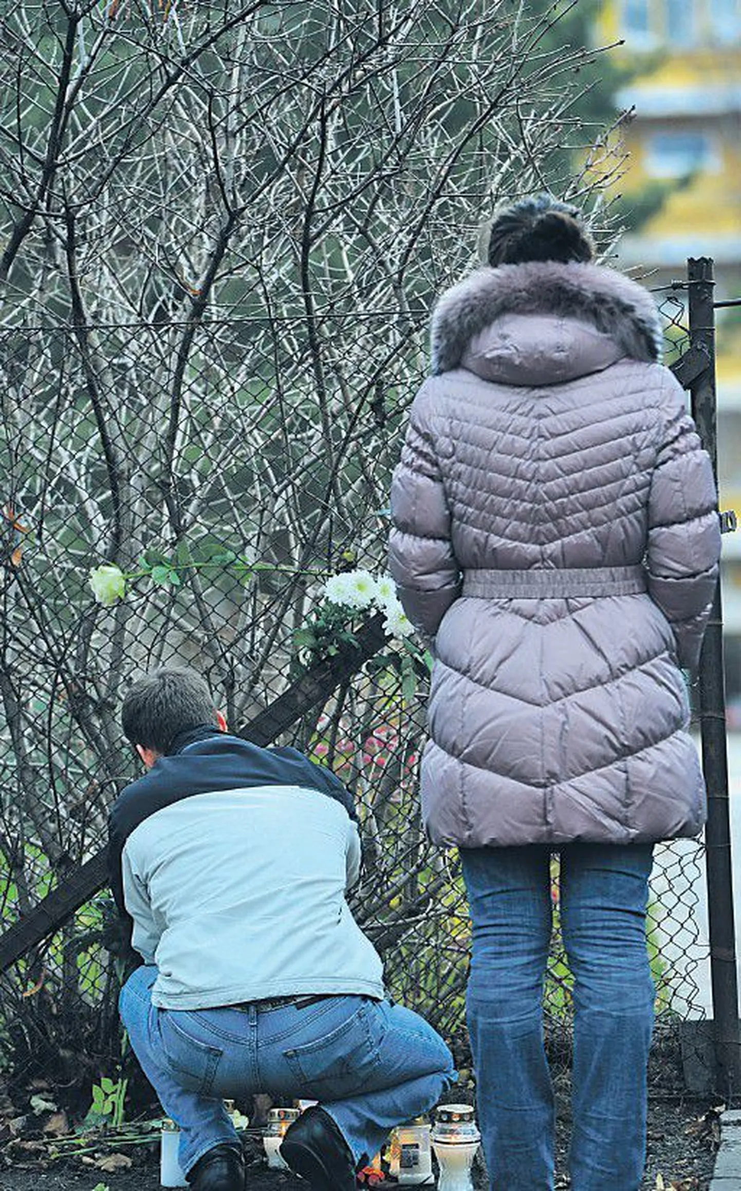 Вчера к детскому саду Laagna Rukkilill, где в среду произошла трагедия, в результате которой погиб трехлетний ребенок, люди приносили цветы и зажигали свечи.