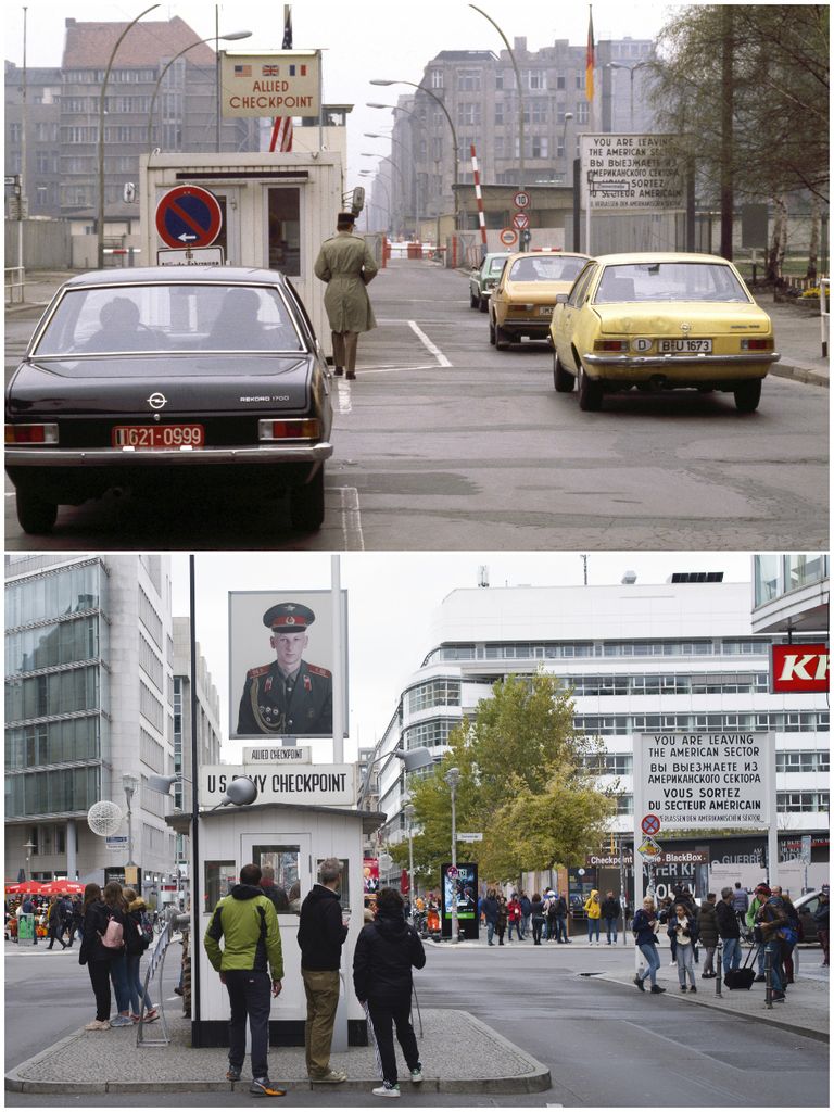 Augšējā attēlā: ASV kontrolētais robežpunkts “Čārlijs” Berlīnē 1978.gada aprīlī. Apakšējā attēlā: šī pati vieta 2019.gada 5.novembrī.