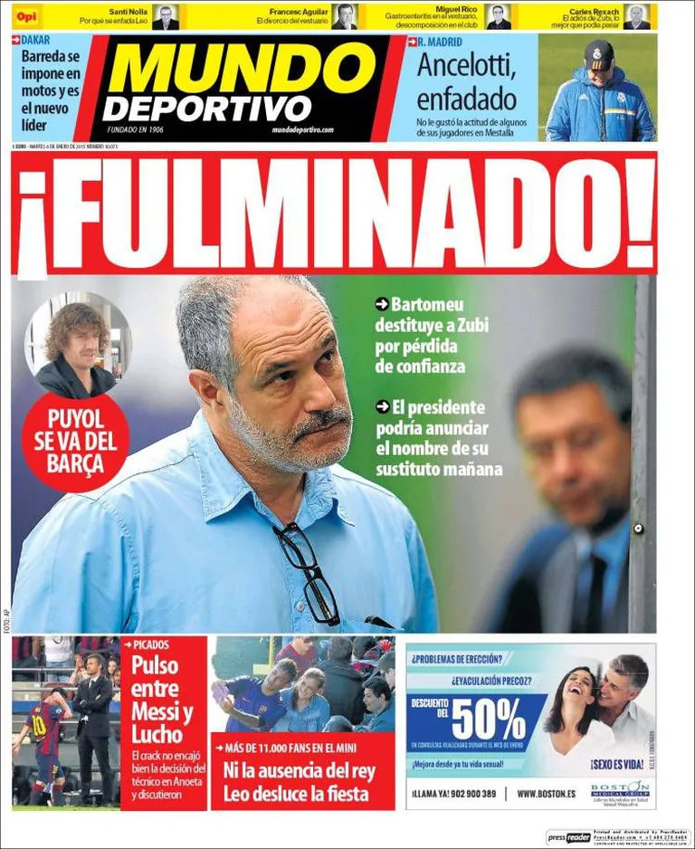Mundo Deportivo esikaanel on suurelt välja toodud vallandatud Zubizaretta.