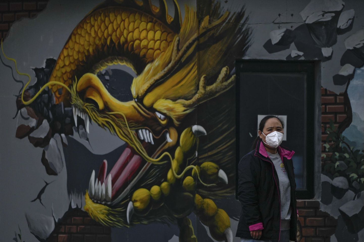 23. november 2022, Pekingis seisab näomaski kandev naine draakonit kujutava seinamaali juures. HKP lubas novembri alguses vähendada Covidi nullstrateegiaga kaasnevaid häireid. Siis tuli haiguspuhangute uus laine ja jälle asuti rahvarohkeid piirkondi, kauplusi ja kontoreid sulgema; tehastele anti korraldus isoleerida oma tööjõud väliskontaktidest. (AP Photo/Andy Wong)  XAW116