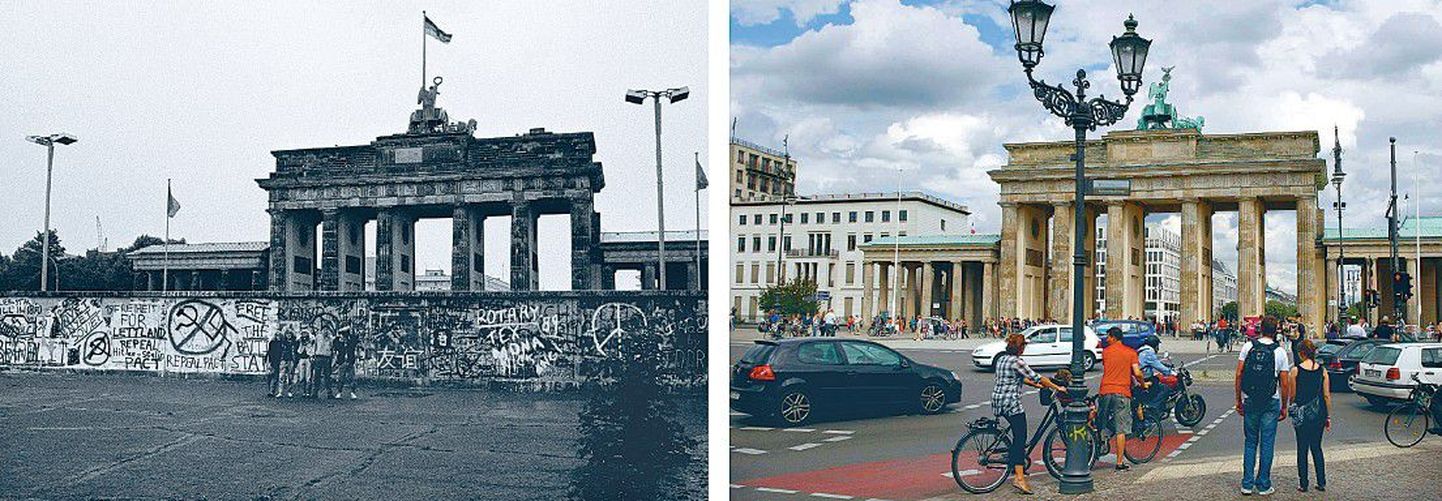 Бранденбургские ворота тогда и сейчас: слева группа туристов 6 июня 1989 года позирует на фоне Берлинской стены. Справа Бранденбургские ворота 14 июля 2009 года.