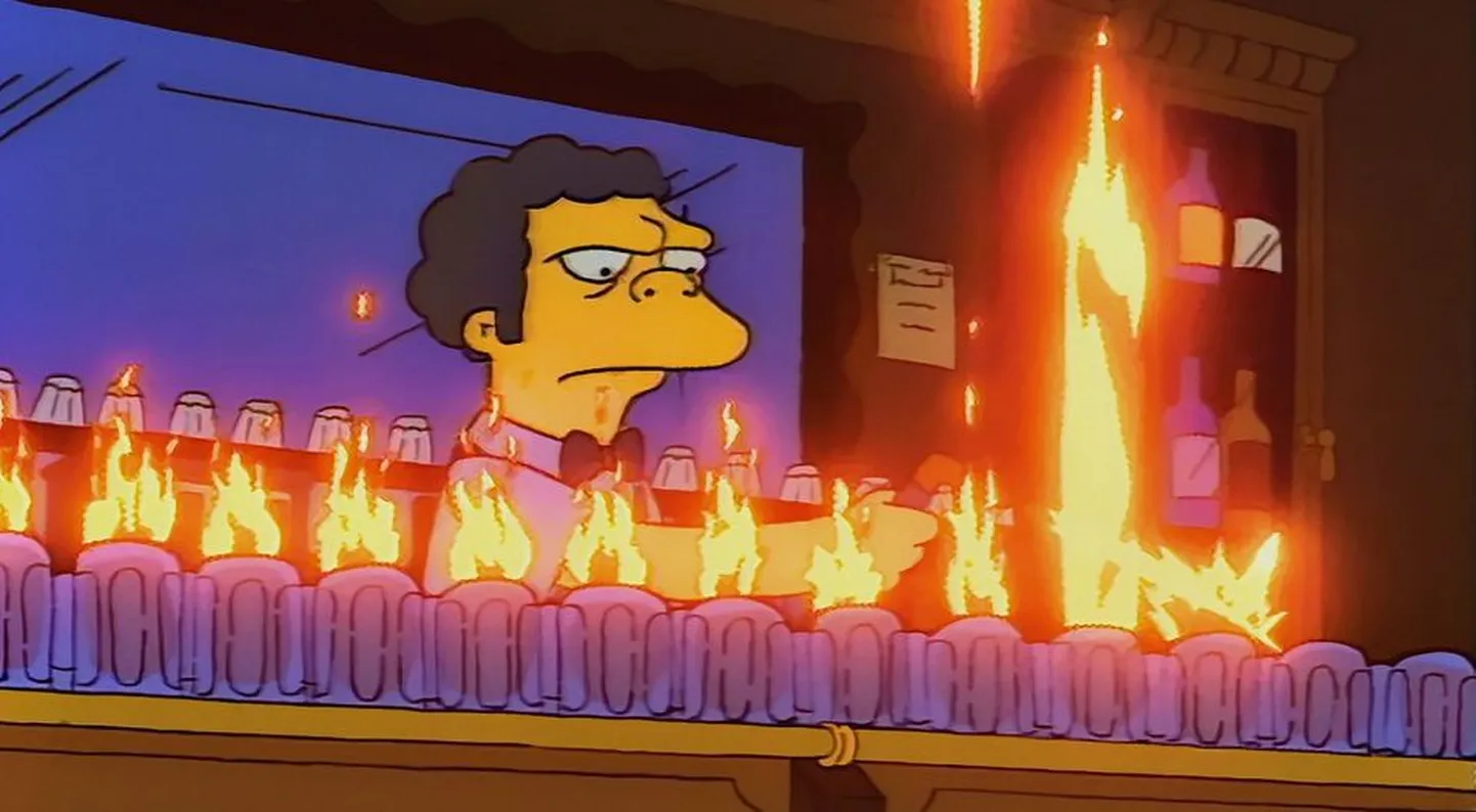 Kaader seriaalist «Simpsonid». Pildil jook Flaming Moe.