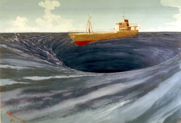 Joonistus, millel on kujutatud Bermuda kolmnurgas tekkinud suurt veekeerist, mis neelab laeva