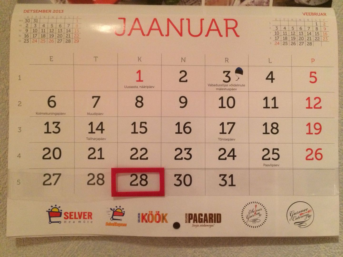 Selveri 2014. aasta kalendris puudub 29. jaanuar.