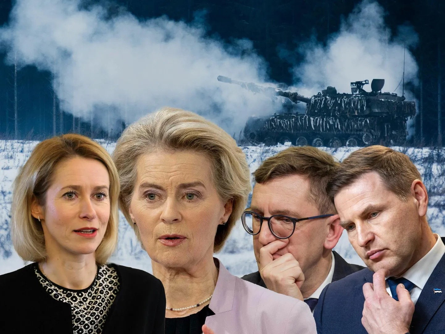Nii Euroopa kui Eesti on esmalt Saksamaa valimiste, seejärel kaitsevaldkonna valge paberi ootel. Eksistentsiaalselt valusad ajad nõuavad igatahes vastavaid otsuseid. Vasakult paremale: Kaja Kallas, Ursula von der Leyen, Kristen Michal, Hanno Pevkur. Taustal kaitseväe K9 Kõu liikursuurtükk.