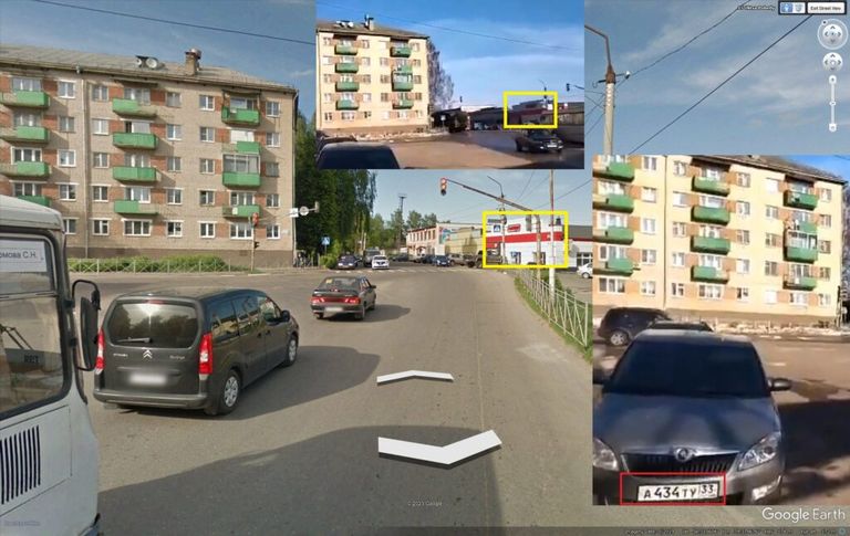 Сравнение кадра вирусного видео (сверху в центре) с панорамой улицы города Кольчугино из Google Earth