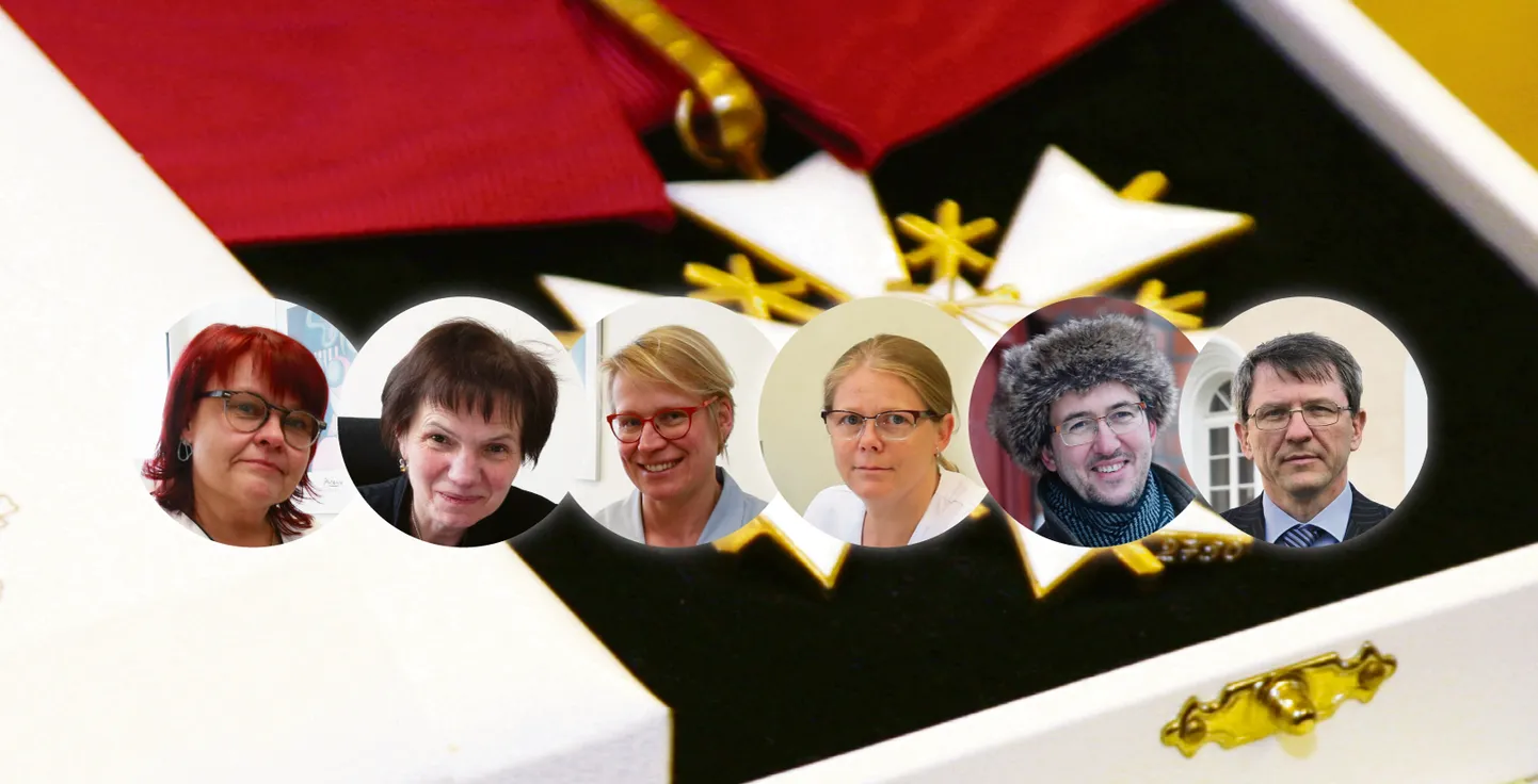 Teiste hulgas saavad president Kersti Kaljulaidilt teenetemärgi naistearst Made Laanpere (vasakult), majandusteadlane Maaja Vadi, naistearst Kai Part, naha- ja suguhaiguste arst Kadri Sikk, Uue Teatri juht Ivar Põllu ja veterinaariaprofessor Arvo Viltrop.