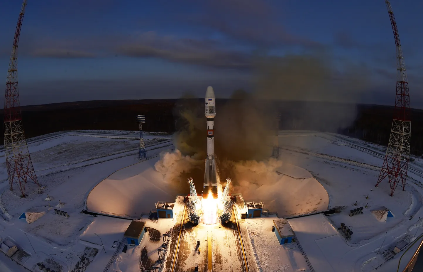 AMUR REGION, RUSSIA - NOVEMBER 28, 2017: A Soyuz 2.1b rocket booster with a Frigate upper stage block, the Meteor-M 2-1 meteorological satellite and 18 small satellites being launched from the Vostochny Cosmodrome. Yuri Smityuk/TASS
