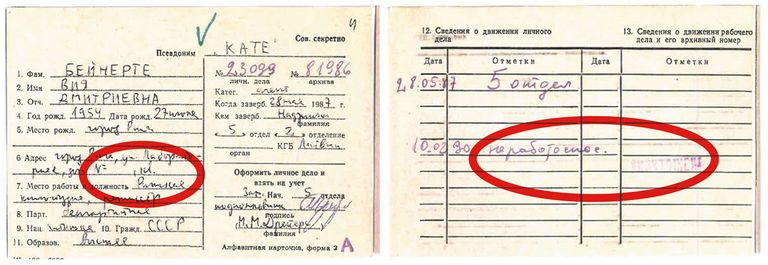 "Kates" statistiskā kartīte. Tāpat kā alfabētiskajā kartītē arī šajā nav norādīta adrese, bet sadaļā "Ziņas par personiskās lietas virzību"1990. gada 10. februārī, kad reģistrācijas žurnāli un personiskās lietas vēl nebija izvesti uz Maskavu, kāds par operatīvo uzskaiti atbildīgs VDK virsnieks uz tās ir krieviski uzrakstījis "nesadarbojas"un uzspiedis zīmogu "iznīcināt"