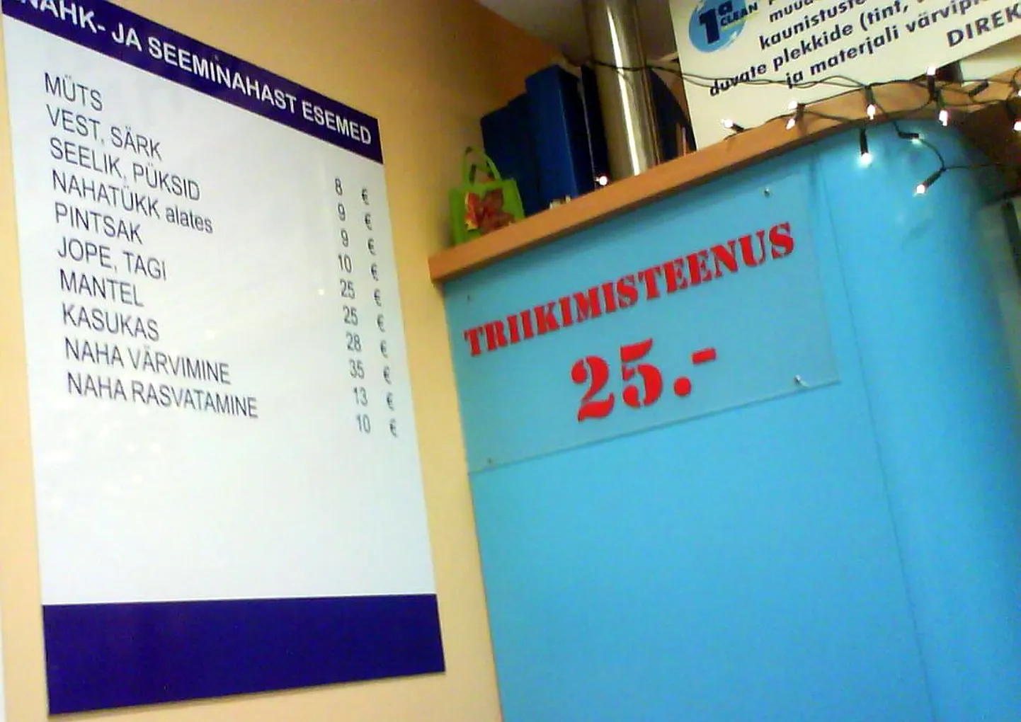 Kristiine keskuse keemilise puhastuse teenuste hinnakiri jaanuari alguses.