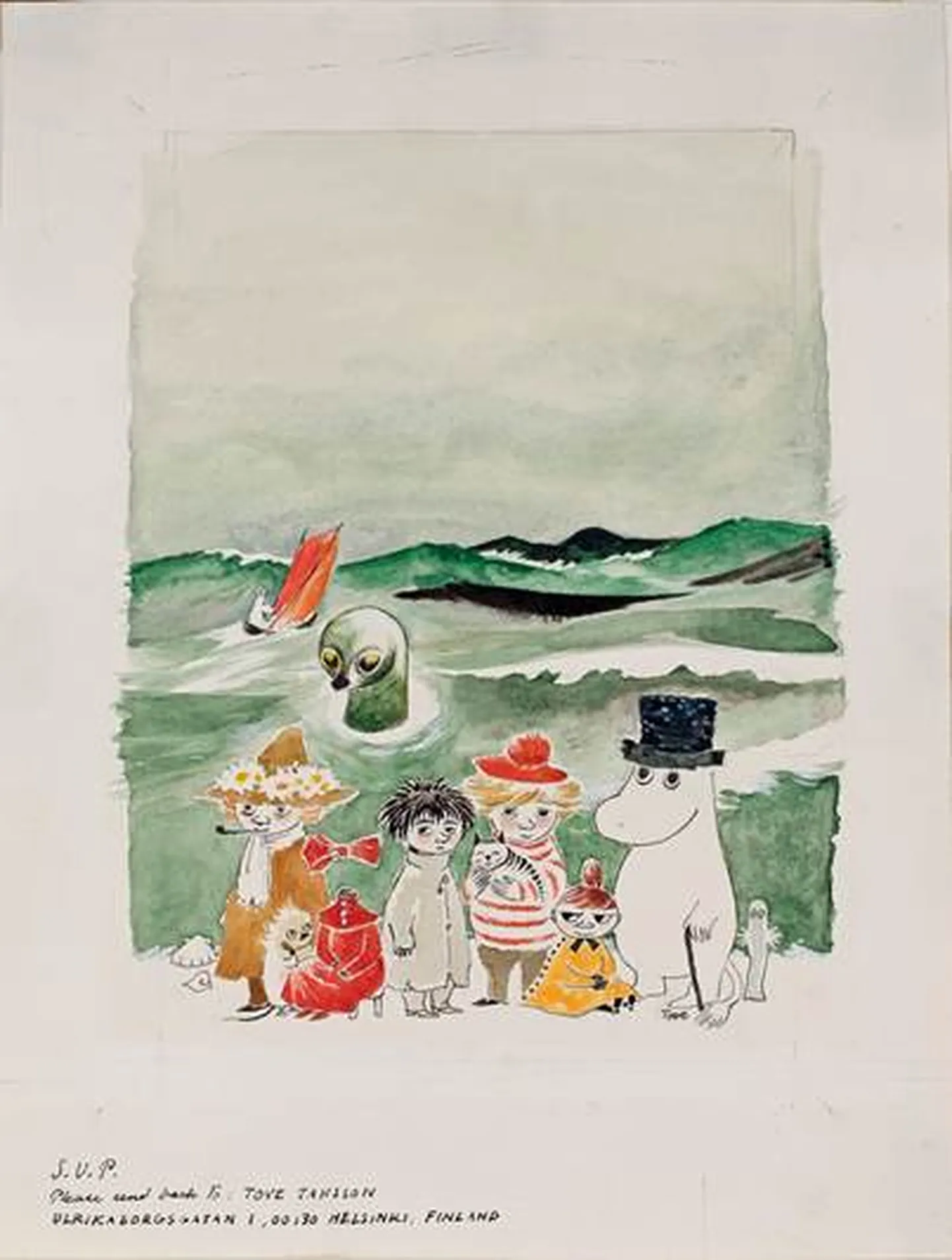 Tove Jansson, kaaneillustratsioon raamatu “Muumioru lood” prantsuskeelsele väljaandele, 1981, guašš paberil.