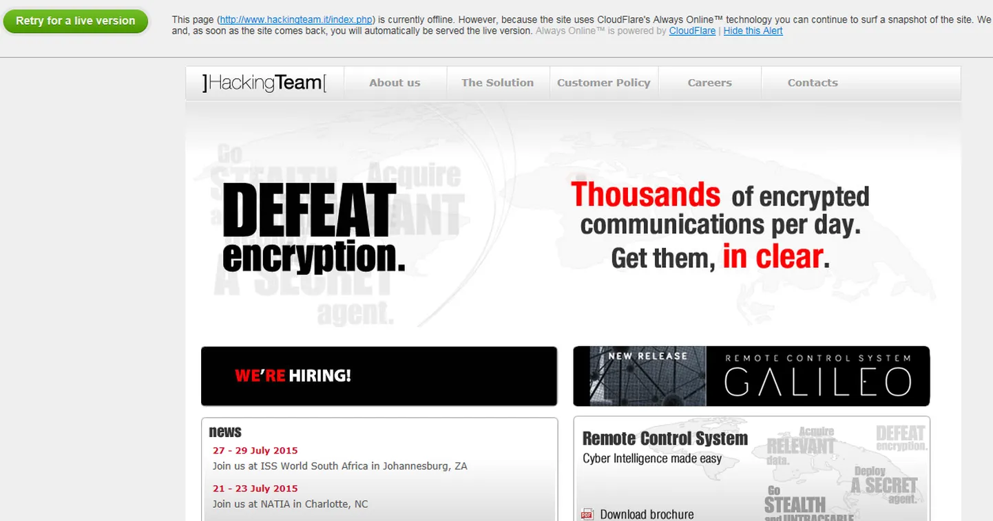 Hacking Teami veebileht on offline