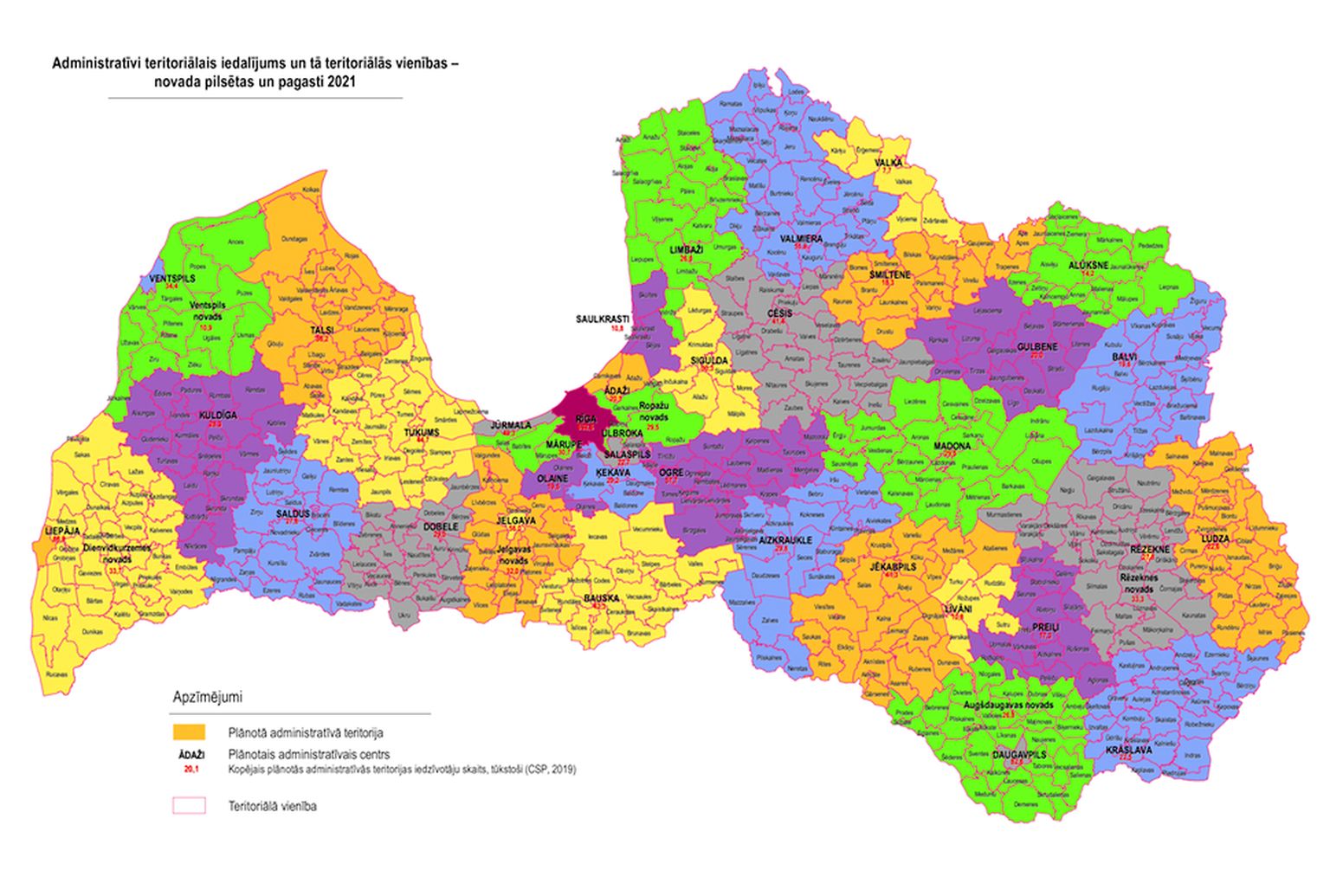 Karte "Administratīvi teritoriālais iedalījums un tā teritoriālās vienības - novada pilsētas un pagasti 2021".