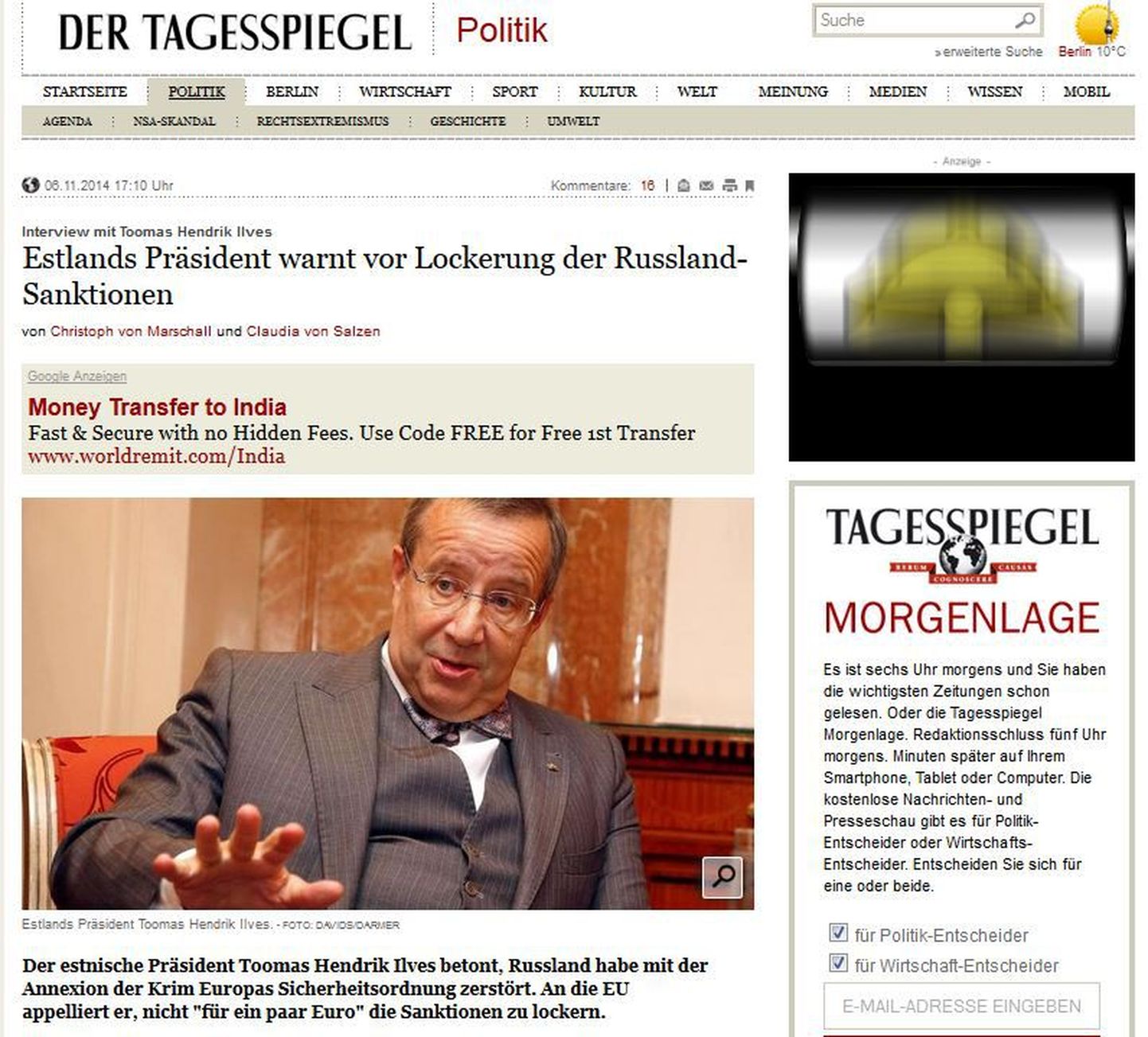 Intervjuu Eesti presidendi Toomas Hendrik Ilvesega Saksa veebiajalehes Tagesspiegel.