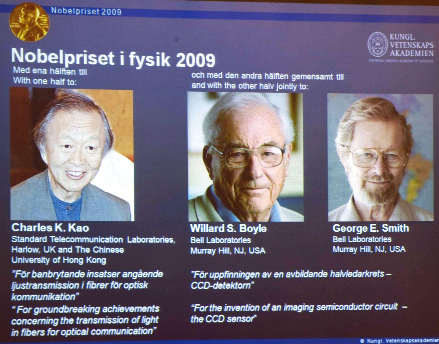Füüsika-Nobeli laureaadid vasakult: Kao, Boyle, Smith.